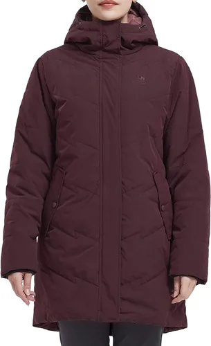Vista 2 de CAMEL CROWN Chaqueta de invierno para mujer, con capucha, cálida, acolchada, acolchada, larga, de algodón, parka, Camello