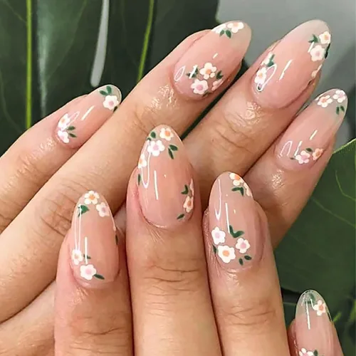 Vista 33 de Uñas postizas a presión con punta francesa, uñas postizas medianas con flores 3D, concha de perla, diseño de estrellas de mar, uñas blancas a