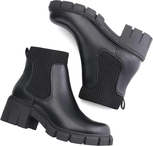 Vista 5 de JABASIC Botines gruesos para mujer botas Chelsea sin cordones botines elásticos