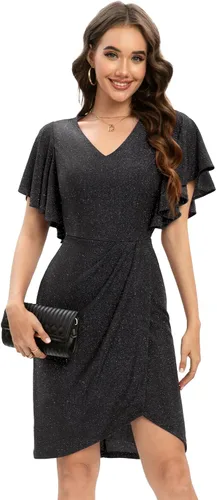 Vista 5 de Meetjen Vestido de fiesta de cóctel fruncido con cuello en V para mujer, elegante, entallado, manga con volantes, vestido de trabajo con purpurina