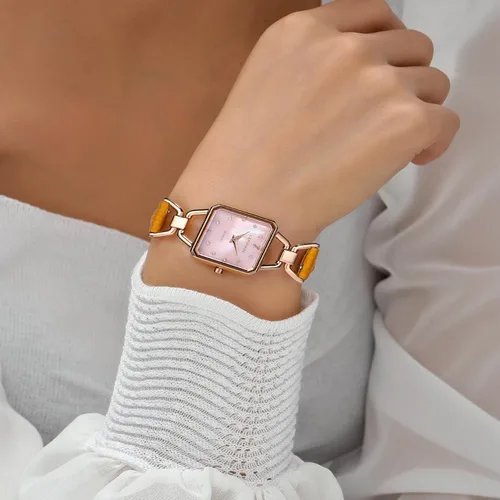 Vista 2 de LANZOOM Reloj de cuarzo para mujer, elegante esfera cuadrada de gradación de cristal nacarado, correa de cuero ajustable marrón y amarillo