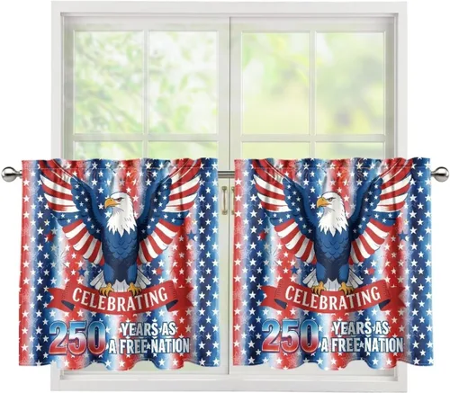 Vista 76 de God Bssing You Tier Curtains for July 4Th 2026 27.5x24 2 Panels Light Filtering Half Window Rod Pocket for Kitchen/Bathroom