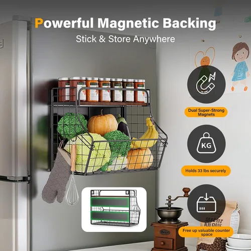 Vista 4 de MOJOHAND Estante magnético para refrigerador con tapa de madera, papelera de almacenamiento de papas y cebollas, organizador y almacenamiento