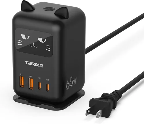 Vista 8 de Cargador de bloque USB C PD 65W, estación de carga TESSAN para múltiples dispositivos, cargador de torre de escritorio con 4 puertos USB para iPhone