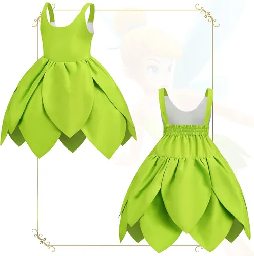 Vista 2 de Disfraz de Campanilla para niñas, vestido de hada para niñas pequeñas con orejas y alas de elfo duendecillo, vestido de princesa de hadas