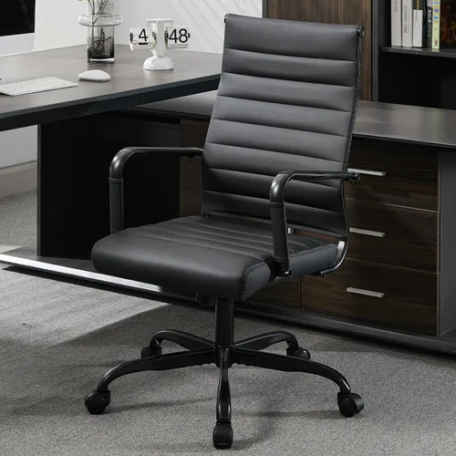 Vista 11 de Silla de escritorio de oficina de cuero, sillas de sala de conferencias con ruedas, sillas ejecutivas modernas para invitados con brazos (negro)