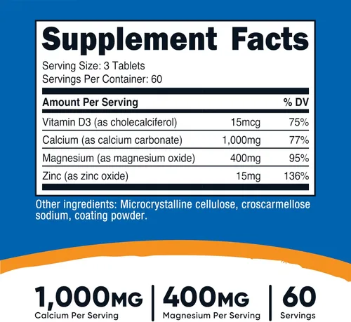 Vista 2 de Nutricost Tabletas de calcio, magnesio y zinc de 1,415 mg, 180 tabletas – Suplemento de mezcla de vitaminas y minerales, 60 porciones – Sin gluten