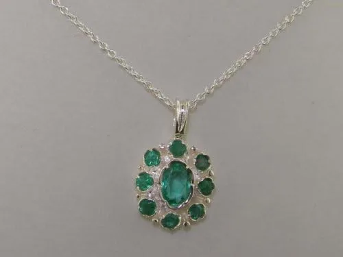 Vista 7 de Ladies Solid 925 Sterling Silver Natural Emerald Pendant Necklace with English Hallmarks