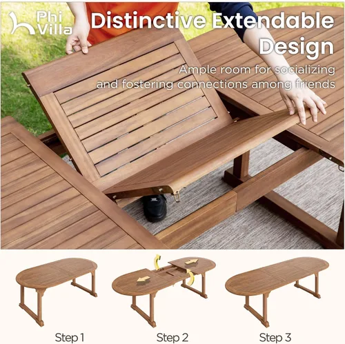 Vista 2 de PHI VILLA Juego de 7 piezas de madera de acacia para comedor al aire libre para 6, mesa y sillas de madera de teak expandibles, gran juego