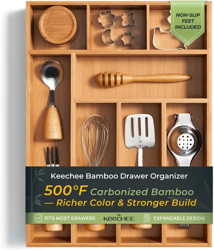 Vista 10 de keechee Organizador grande de bambú carbonizado para cajones de cocina, organizador de cubiertos expandible con 12 ranuras, soporte para utensilios