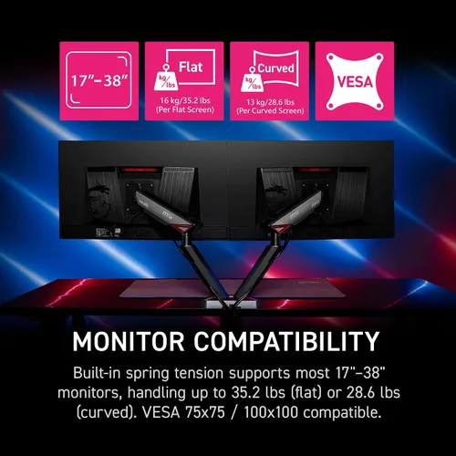 Vista 2 de MSI MPG MT161DR - Brazos de soporte para monitor dual RGB de alta calidad, soporte de 17-38 pulgadas, compatible con VESA, montaje asistido por