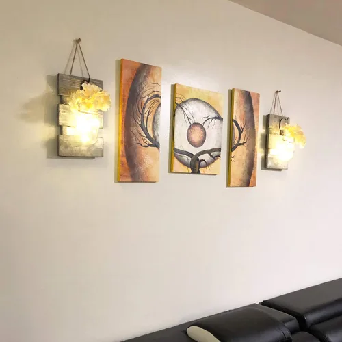 Vista 19 de Decoración rústica de madera para colgar en la pared con tira de luces LED para sala de estar y dormitorio modernos, estilo campestre inspirador