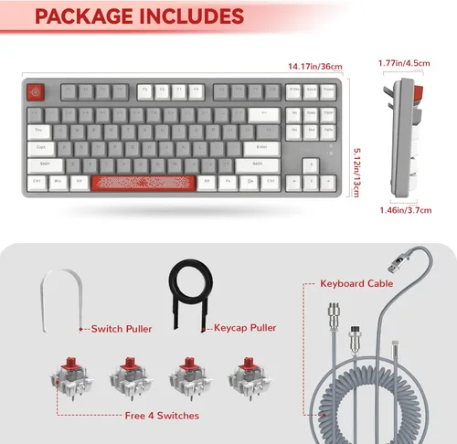 Vista 9 de Magic-Refiner AK873 Teclado para juegos, retroiluminación LED arcoíris, interruptor rojo lineal intercambiable en caliente, tecla PBT, diseño TKL