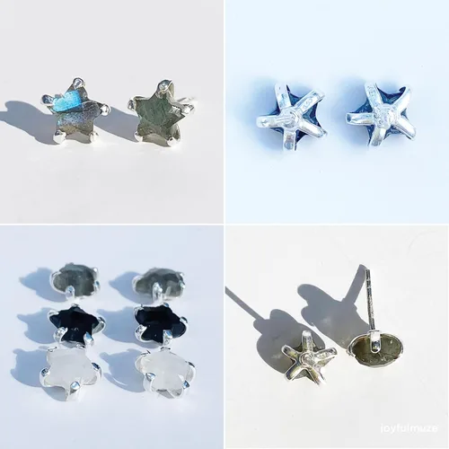 Vista 3 de Aretes de estrella de piedras preciosas naturales para mujeres y hombres, lapislázuli, ónix, piedra lunar, labradorita, turmalina negra, hechos a