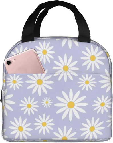 Vista 8 de Lonchera Kawaii con diseño de margaritas azules para mujeres y hombres, bonita lonchera aislada con bolsillo frontal para el trabajo, picnic y viajes