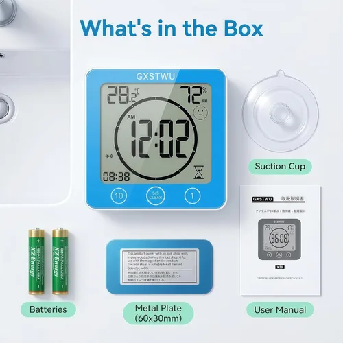 Vista 9 de Reloj de ducha digital, reloj temporizador de baño, resistente al agua para rociar agua, alarma de cuenta regresiva, temporizador de pantalla