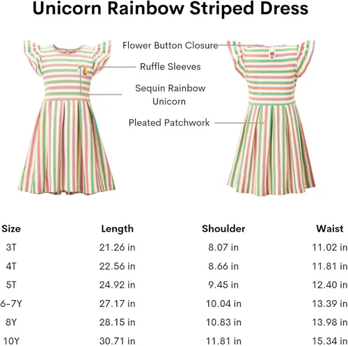 Vista 3 de WELAKEN Vestido de lentejuelas unicornio con rayas arcoíris para niñas pequeñas y niños II vestidos casuales con mangas con volantes