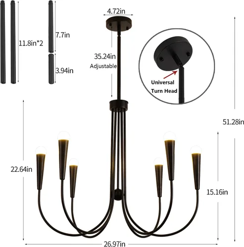 Vista 4 de Lámpara de araña de granja, 6 luces industriales, rústicas, para comedor, lámpara colgante ajustable para cocina, isla, sala de estar, vestíbulo