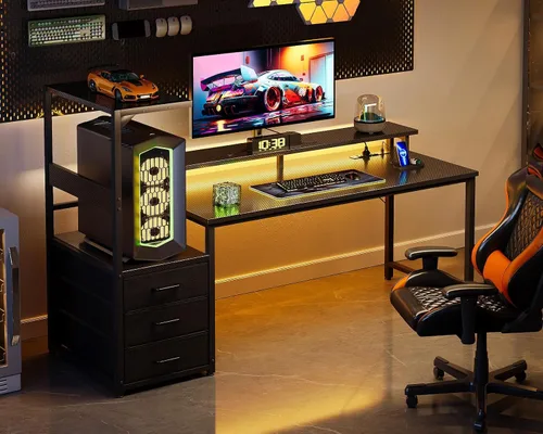 Vista 2 de Casaottima - Escritorio de juegos de 59 pulgadas con puertos de carga USB y luz LED - Escritorio reversible para computadora con 3 cajones de tela