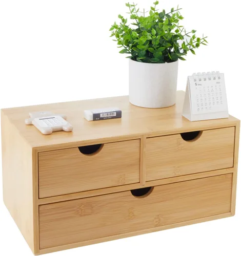 Vista 10 de Organizador de escritorio de bambú con cajones, cajones de mostrador, 2 cajones, caja de almacenamiento de esquina para escritorio, organizador