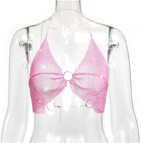 Vista 4 de Camiseta corta sin espalda con diamantes de imitación brillantes para mujer, sexy, halter, transparente, para salir por la noche, fiesta, club