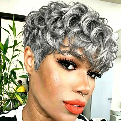 Vista 10 de Pelucas cortas de corte Pixie para mujeres negras, pelucas de corte Pixie con flequillo, negro mezclado con marrón, pelucas rizadas cortas