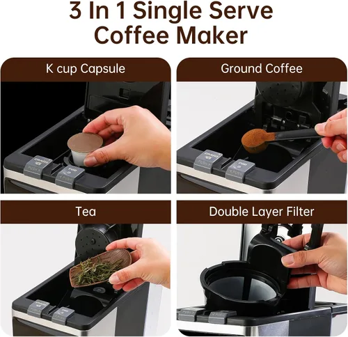 Vista 2 de Máquina de café 3 en 1 de una sola porción, cafetera programable de 12 tazas, compatible con cápsulas Kcup, café molido, cápsulas de café, té