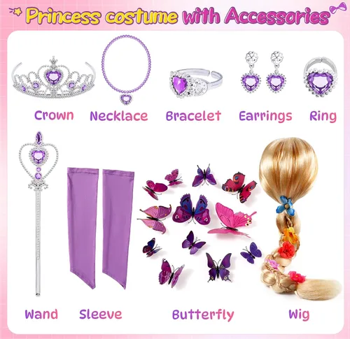 Vista 4 de Tacobear Disfraz de princesa Rapunzel para niñas con accesorios, disfraz de princesa para cumpleaños de niños pequeños