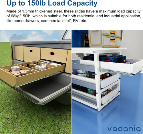 Vista 4 de VADANIA Deslizador de cajón resistente de 12" con cierre #VD1551, capacidad de carga de 150 lb, extensión completa de 3 pliegues, cierre
