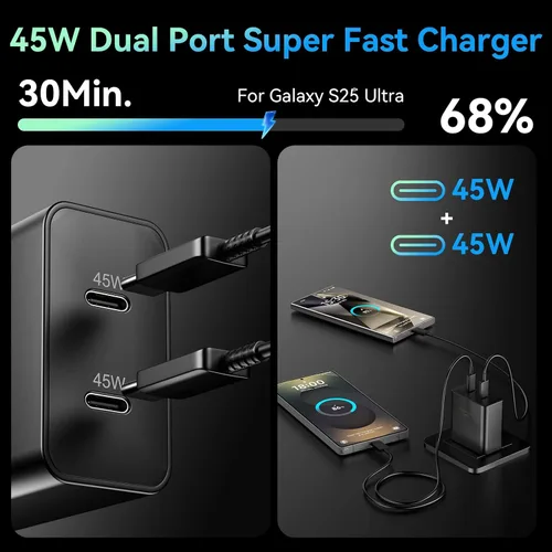 Vista 3 de Cargador súper rápido de 45 W, 2 puertos tipo C, carga rápida, cable USB C de 6.6 pies con bloque de cargador de teléfono Android para Samsung