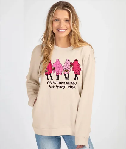Vista 3 de Ritatte Sudadera de Halloween para mujer los miércoles We Wear Pink Ghost Sweatshirt Spooky Season Casual Fall Pullover Tops