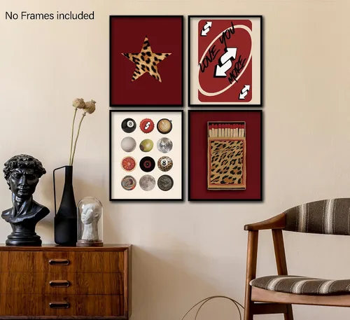 Vista 5 de KDHTY Juego de 4 Impresiones Artísticas de Pared Retro Rojas de Moda, Pósters de Arte de Pared Funky Retro Y2K Leopardo Caja de Cerillas Estrella