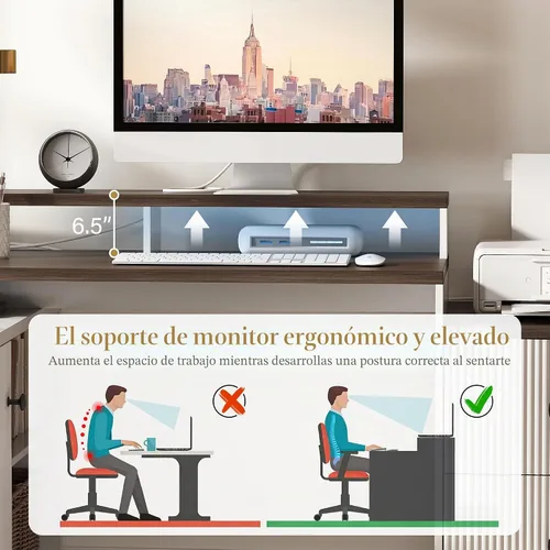 Vista 8 de Escritorio ejecutivo en forma de L de 67 pulgadas con cajones y estante de almacenamiento, escritorio de esquina para computadora con tomas