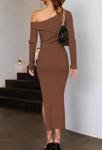 Vista 5 de Duigluw Vestido elegante de manga larga con un hombro y abertura alta para mujer