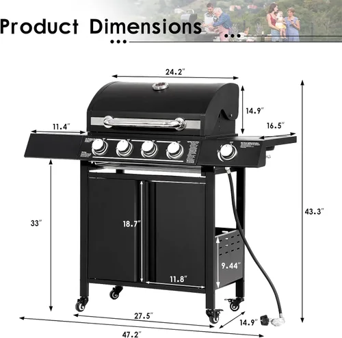 Vista 2 de LEISU Parrilla de gas propano de 4 quemadores con quemador lateral y rejillas de hierro fundido, parrilla de salida de 50,0000 BTU para cocina