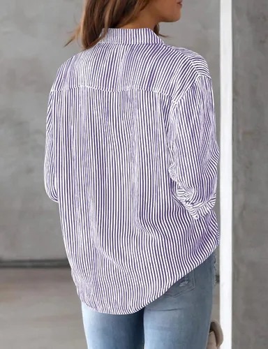 Vista 4 de AISEW Camisas con botones para mujer, a rayas, clásicas, de manga larga, con cuello y bolsillo