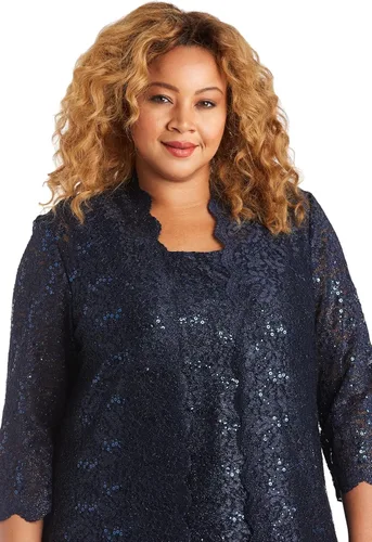 Vista 4 de R&M Richards Conjunto de camiseta sin mangas y pantalón para mujer con chaqueta de encaje transparente