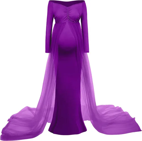 Vista 2 de Vestido de maternidad de manga larga con hombros descubiertos para mujer, de tul elegante, ajustado, para baby shower, fotografía, maxi vestido