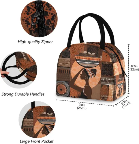 Vista 2 de Bolsa de almuerzo reutilizable para mujer africana con bolsillo frontal con cierre de cremallera aislada, bolsa térmica para el trabajo, picnic