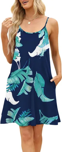 Vista 6 de MERRYVILLA Vestido de verano para mujer, con tirantes delgados, mangas casuales, con vuelo, vestido de playa con bolsillos