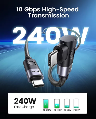 Vista 3 de ORICO Cable USB C a USB C de 240 W, ángel derecho de 1.5 M, cable USB C de transferencia de datos de 40 Gbps, cable tipo C compatible con Dell, iPad