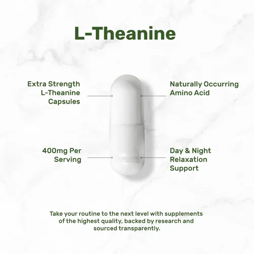 Vista 3 de L-teanina 400 mg, 400 cápsulas – Suplemento de teanina extra fuerte – Aminoácidos para apoyo de concentración y relajación – Sin OMG y sin gluten