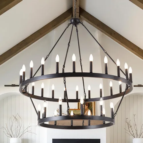Vista 8 de Candelabro de iluminación de rueda de carro, 6 luces con pantalla de vidrio semillado, lámpara redonda de madera para cocina, isla de vestíbulo