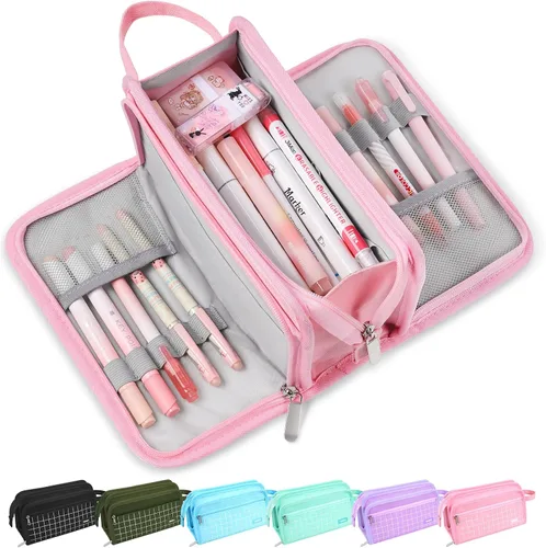 Vista 14 de Sooez Estuche grande para lápices, bolsa para lápices de gran capacidad con 3 compartimentos, organizador portátil de artículos de papelería de lona