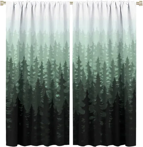 Vista 39 de BAEKJIN Cortinas verdes de bosque brumoso, acuarela, naturaleza, paisaje, plantas, árbol, bolsillo para barra, opacas, tratamiento de ventana