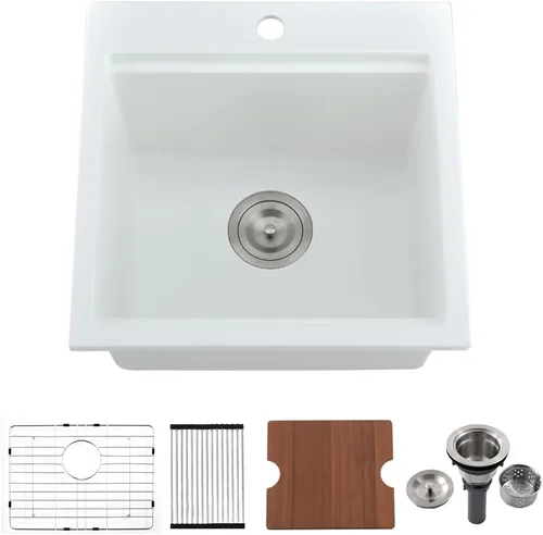 Vista 10 de Fregadero de barra negro de 15 x 15 pulgadas, fregadero de bar húmedo de cuarzo de 15 pulgadas para exteriores, fregadero de bar húmedo