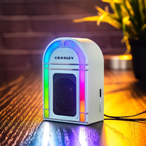 Vista 6 de Crosley CR3046A-AB Mini Jukebox Altavoz Bluetooth portátil con luces LED y micrófono, azul aguamarina