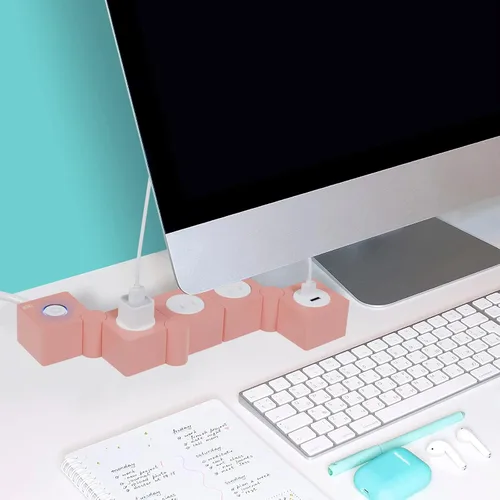 Vista 6 de iJoy - Tira de enchufes flexible: 3 salidas de corriente alterna y 2 puertos de carga USB con cable de extensión rosa, tiras de enchufes