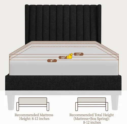 Vista 6 de Yaheetech Base de cama individual tapizada con cabecera de tela, diseño de borde de ala, antideslizante y sin ruido, soporte de listones de madera