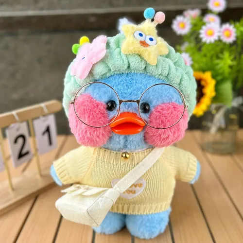 Vista 3 de Peluche de pato azul con 10 trajes, lindo animal de peluche con ropa y accesorios, regalos divertidos para niños y niñas (azul)